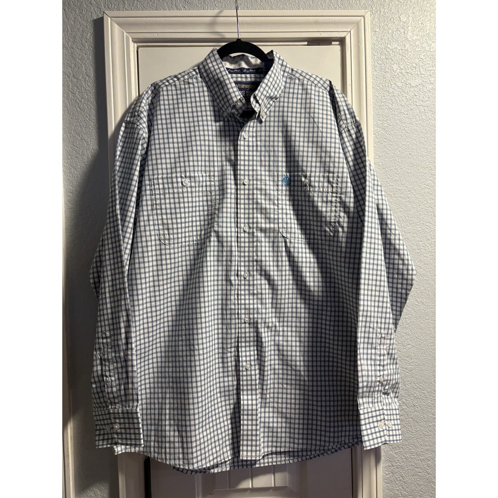NWT Wrangler George Strait XL Plaid Western Shirt Blue White Cowboy‎ Long Sleeve